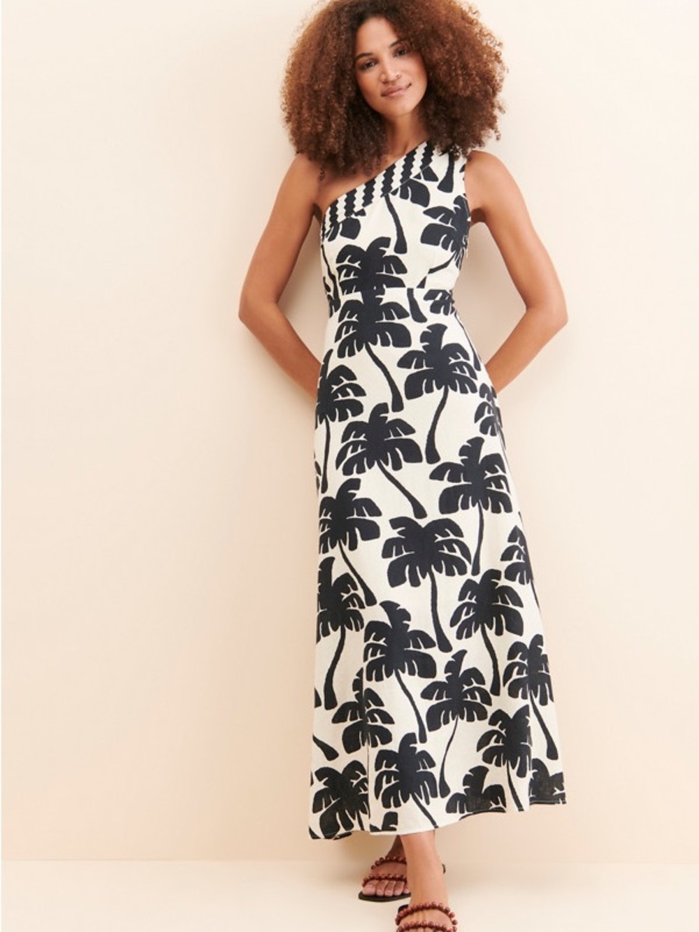 FARM Rio Black & White One-Shoulder Palm-Print Maxi Dress